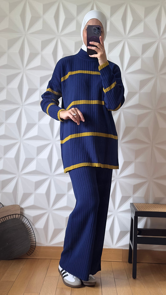 Ensemble côtelé avec pull à col montant rayés et pantalon - Bleu cobalt