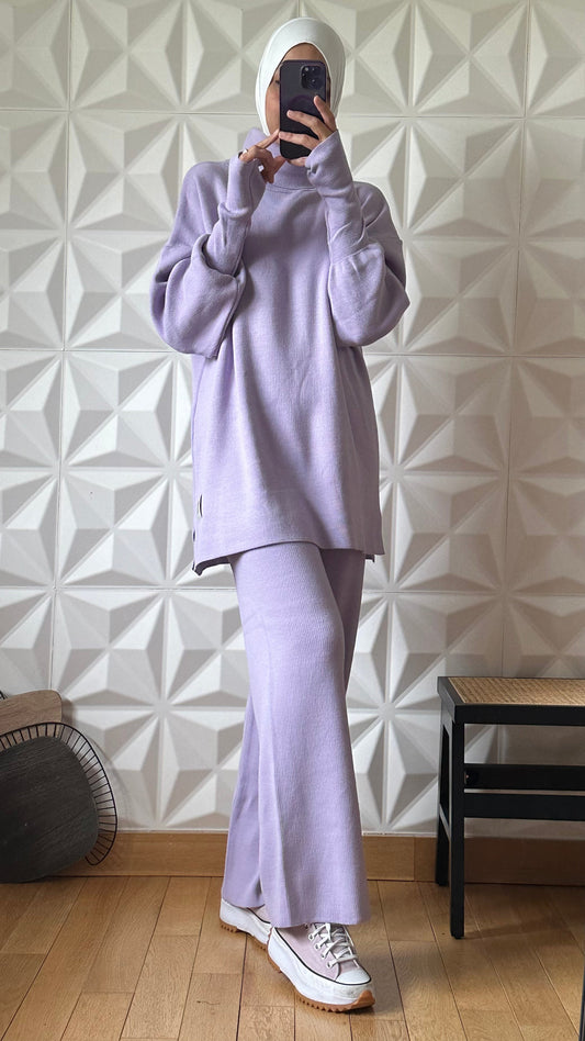 Ensemble en maille pantalon et pull à manches mitaines - Lilas
