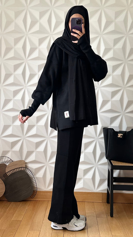Ensemble en maille pantalon et pull à manches mitaines - Noir
