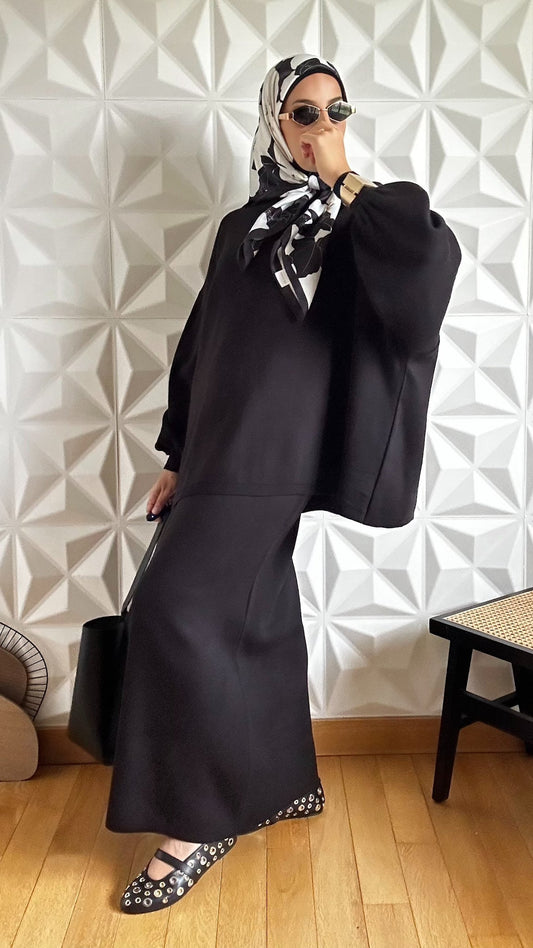 Ensemble pull oversize et jupe trapèze en maille - Noir