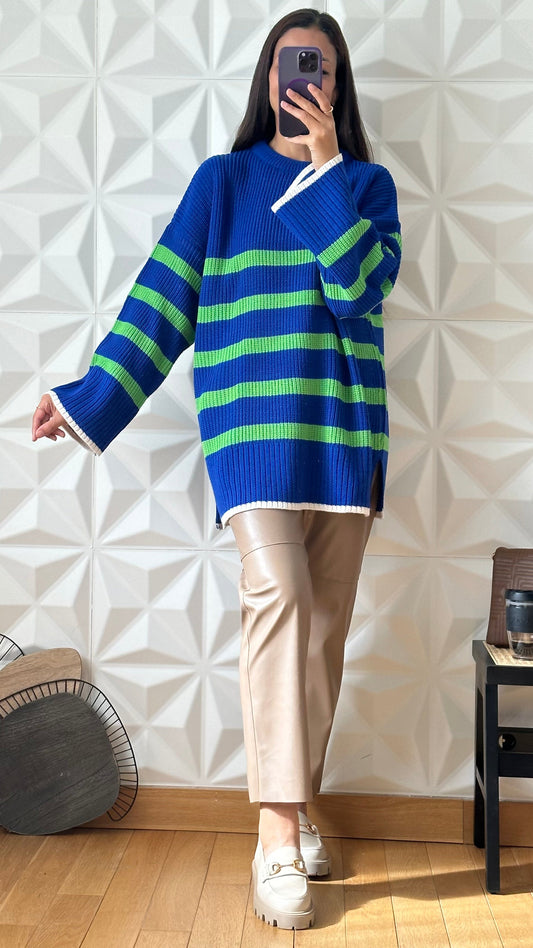 Pull oversize avec col ras de cou à rayures - Bleu