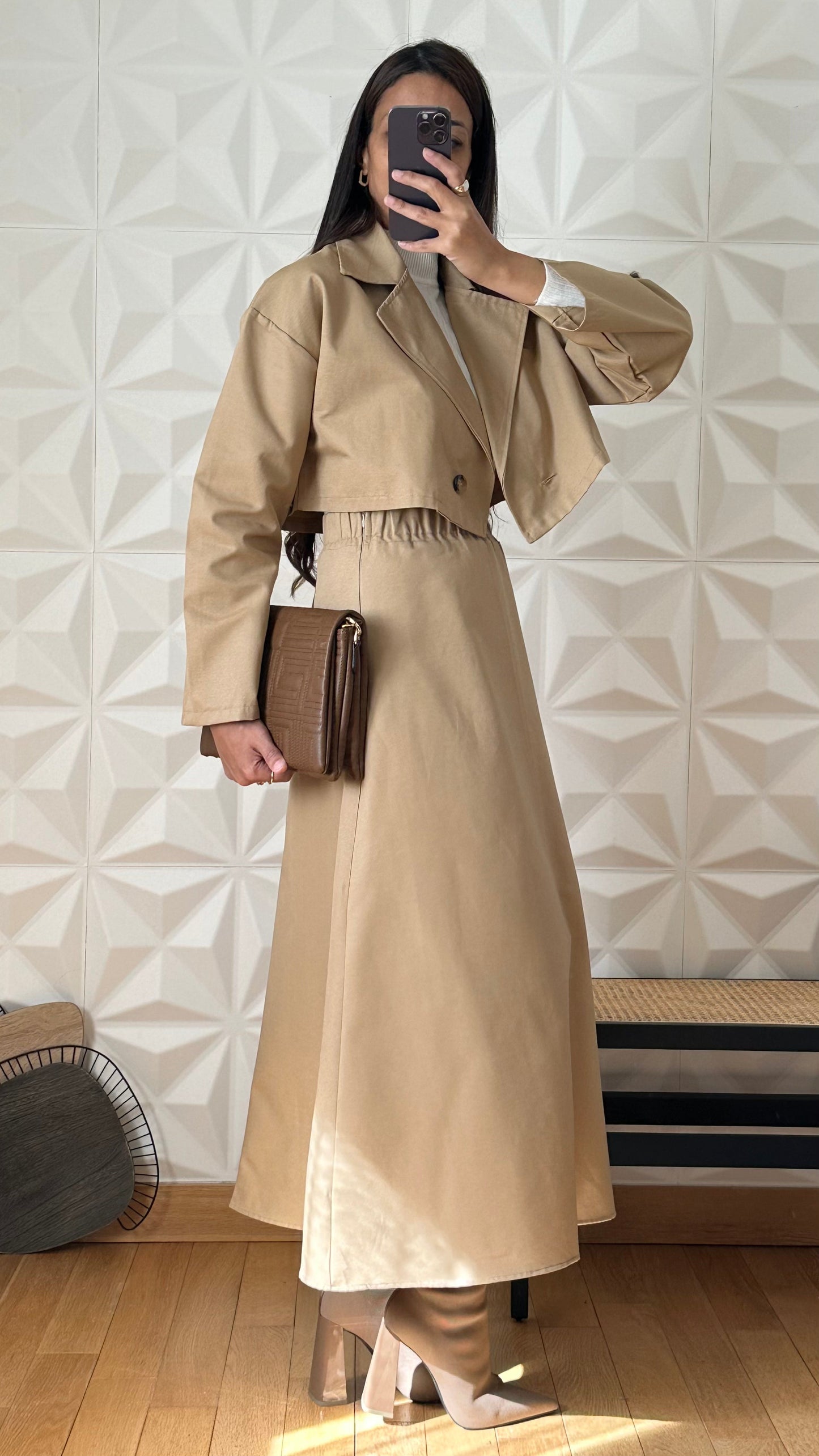 Ensemble veste style Trench-coat courte et jupe évasée - Camel