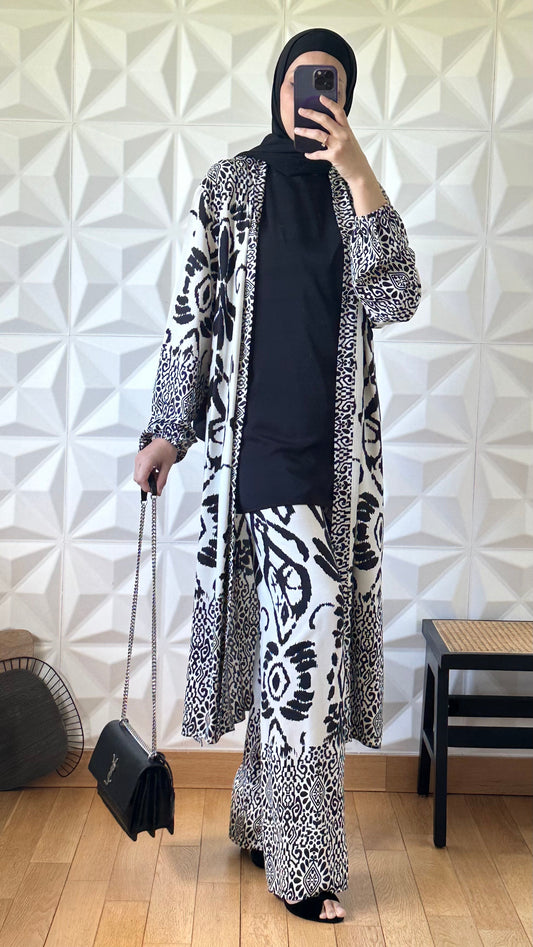 Ensemble Pantalon et Kimono long à imprimé abstrait - Noir et Blanc