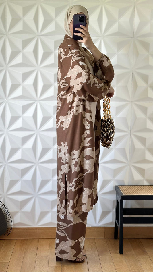 Ensemble Pantalon et Kimono long à imprimé abstrait - Marron et Beige