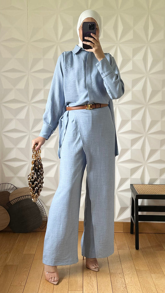 Ensemble chemisier et pantalon coupe portefeuille - Bleu