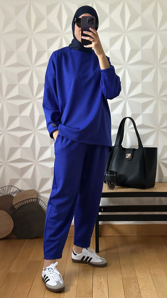 Ensemble pantalon coupe barrel et Sweat emmanchures basses - Bleu cobalt