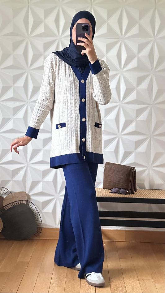 Ensemble pantalon large et Gilet en maille torsadée - Bleu