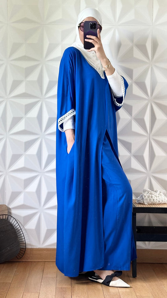 Ensemble robe caftan fondue devant et pantalon large - Bleu de cobalt
