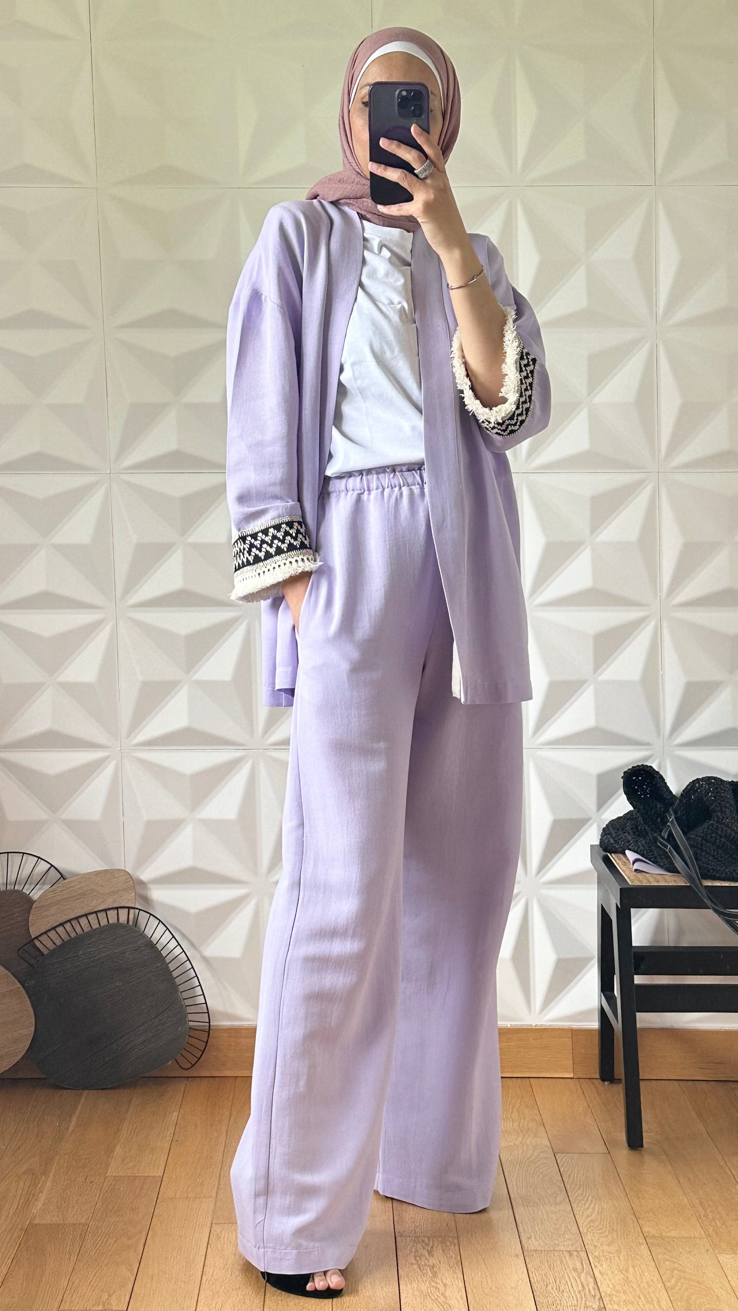 Ensemble Pantalon bouffant et Kimono en Lin avec broderie tribal - Lilas