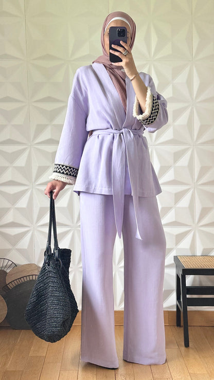 Ensemble Pantalon bouffant et Kimono en Lin avec broderie tribal - Lilas