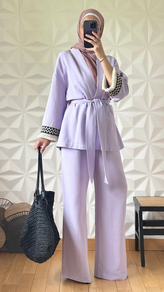Ensemble Pantalon bouffant et Kimono en Lin avec broderie tribal - Lilas