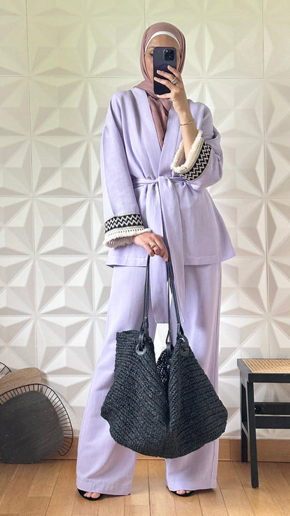 Ensemble Pantalon bouffant et Kimono en Lin avec broderie tribal - Lilas