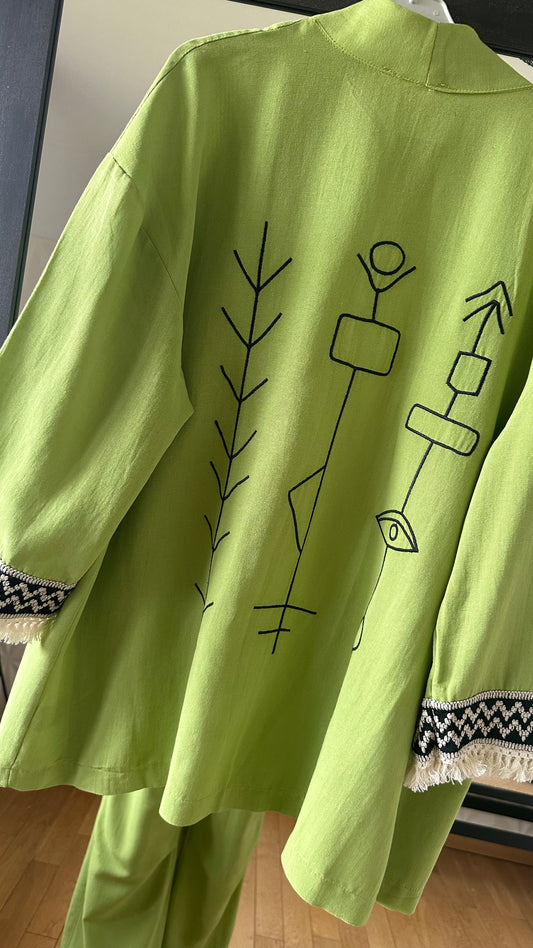 Ensemble Pantalon bouffant et Kimono en Lin avec broderie tribal - Chartreuse