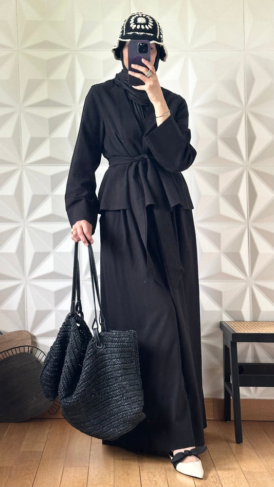 Ensemble kimono nouée à la taille et Jupe en Lin - Noir