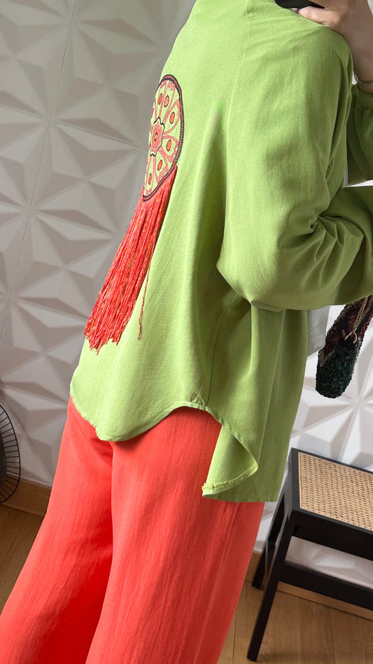 Ensemble Kimono en Lin avec broderie à franges et pantalon large - bicolore