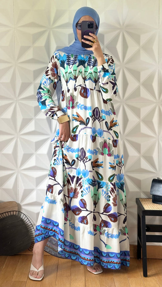 Robe boutonnée à volants étagés - imprimé tropical Bleu