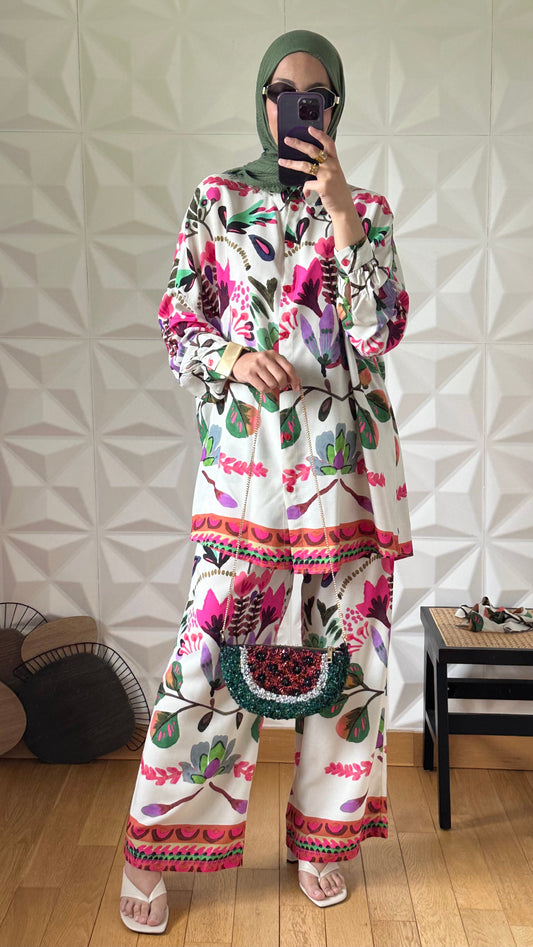 Ensemble pantalon et chemise à imprimé tropical noué à la taille - Rose