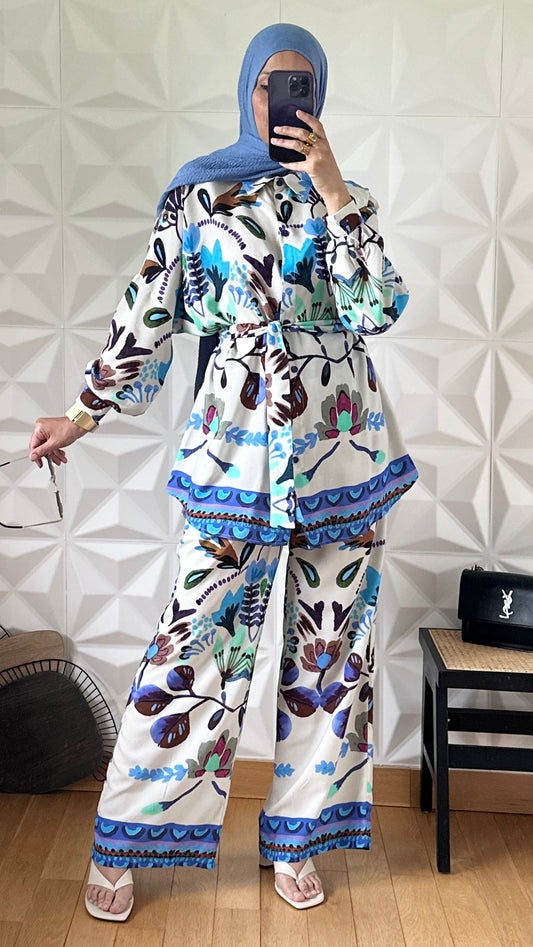 Ensemble pantalon et chemise à imprimé tropical noué à la taille - Bleu