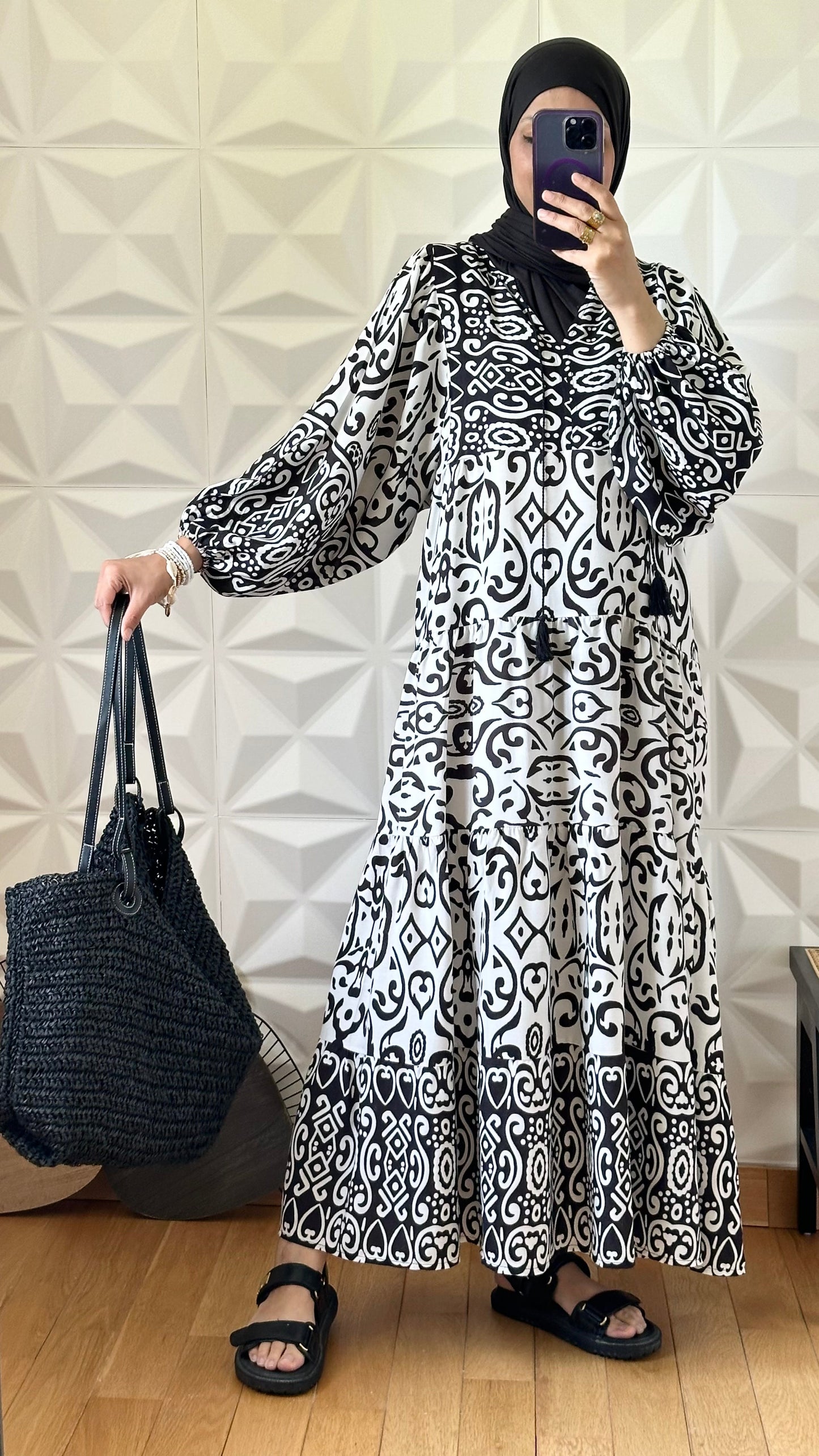 Abstract Babydoll Dress With Puff Sleeves - Orange