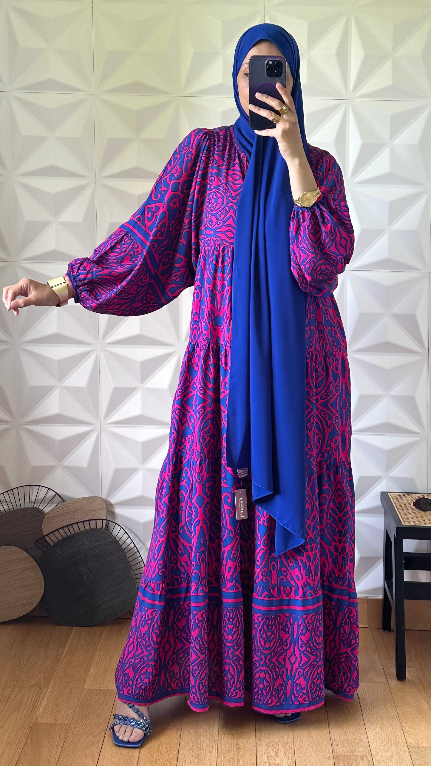 Robe babydoll à motif abstrait avec manches bouffantes - Bleu de cobalt