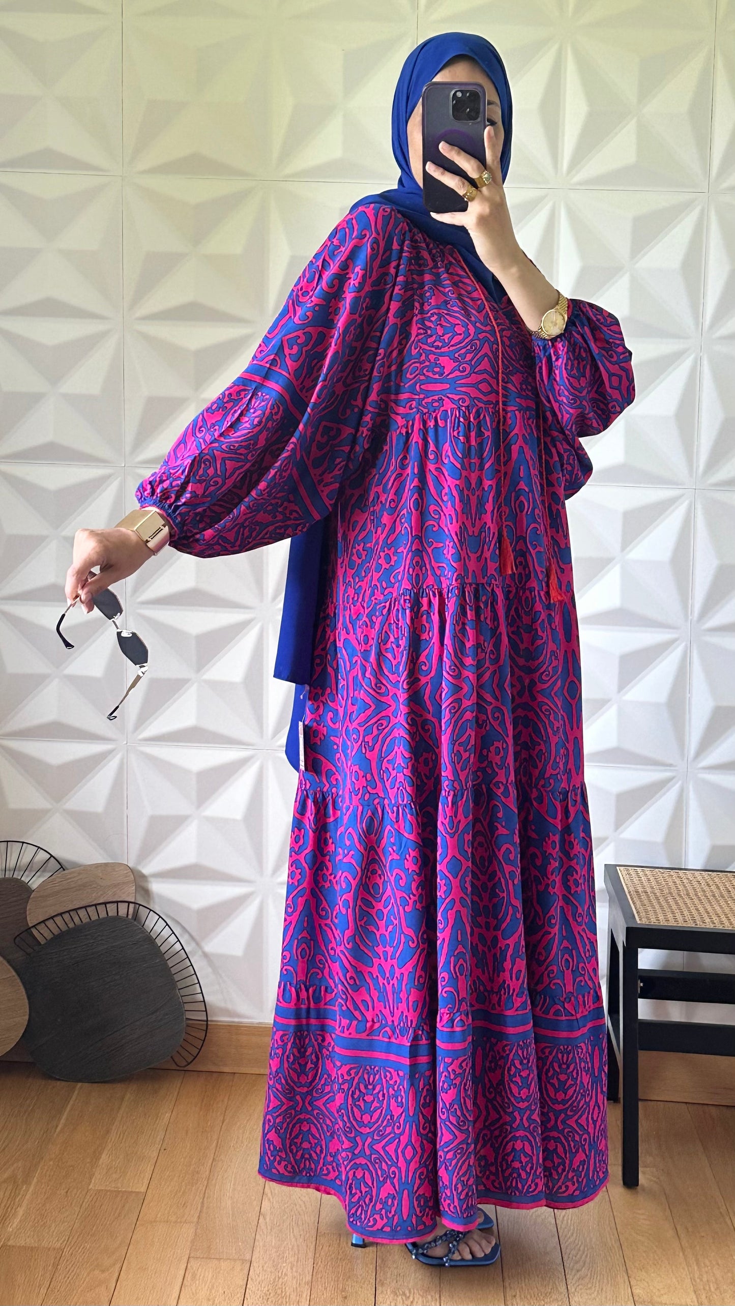 Robe babydoll à motif abstrait avec manches bouffantes - Bleu de cobalt