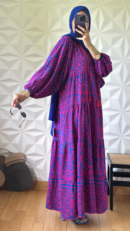 Robe babydoll à motif abstrait avec manches bouffantes - Bleu de cobalt