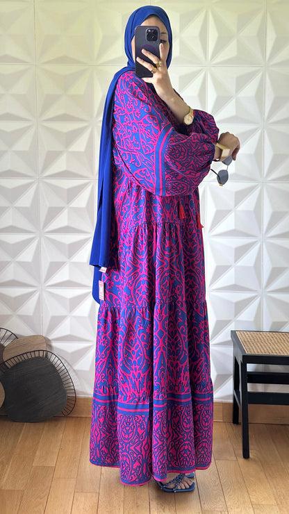 Robe babydoll à motif abstrait avec manches bouffantes - Bleu de cobalt