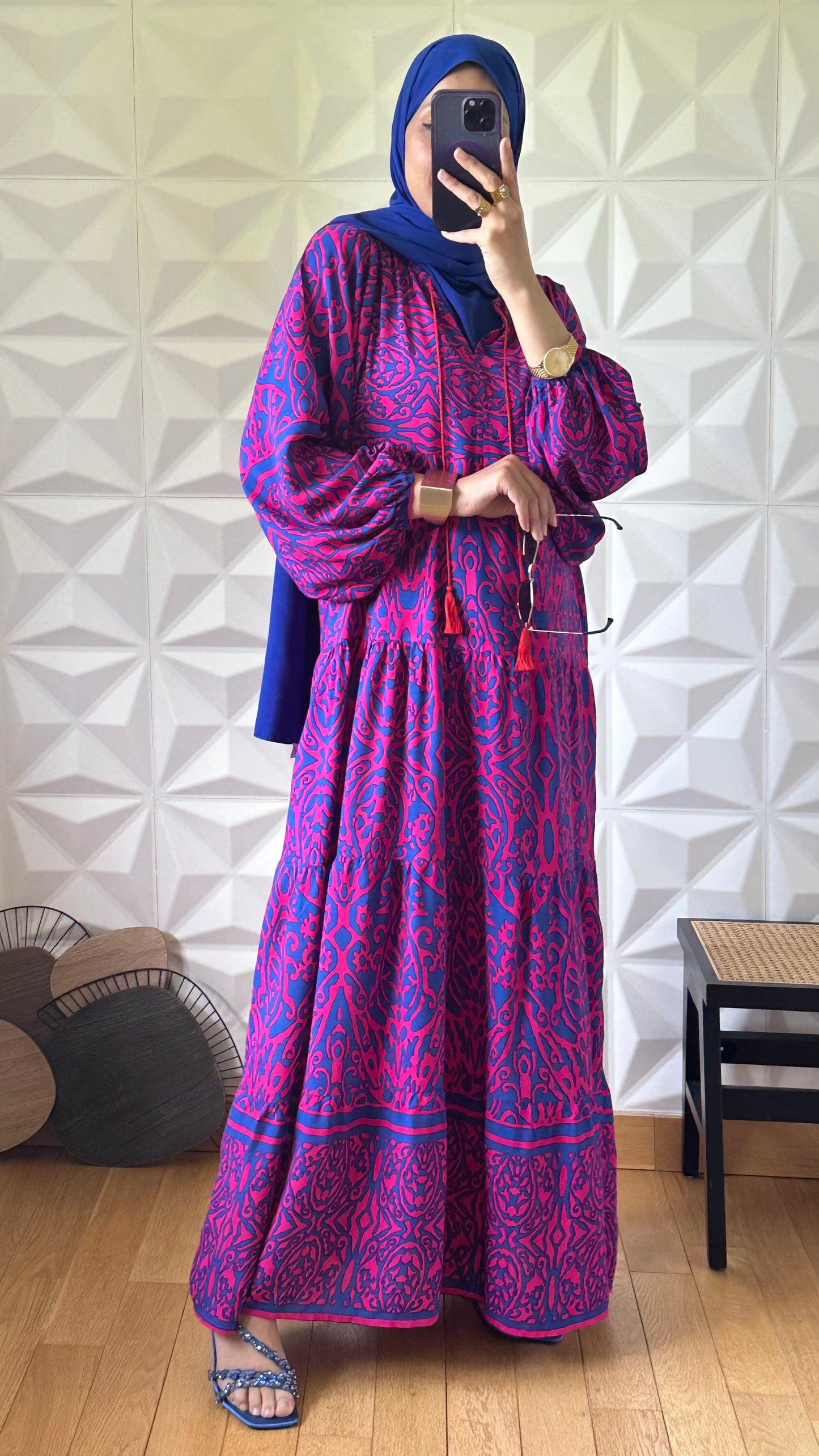 Robe babydoll à motif abstrait avec manches bouffantes - Bleu de cobalt