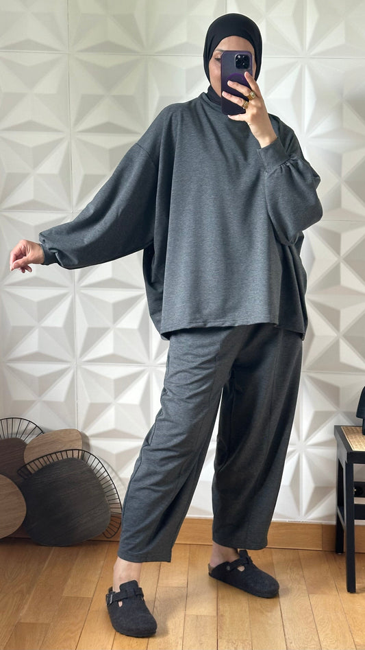 Ensemble oversize en Coton avec pantalon coupe Barrel - Gris