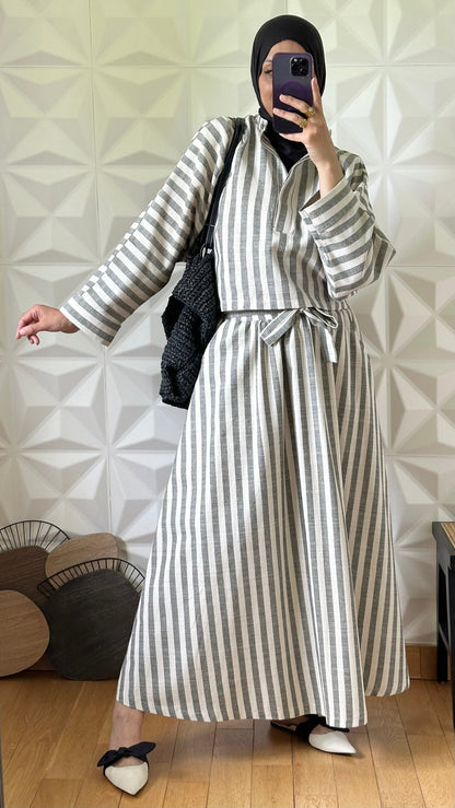 Ensemble jupe évasée et top à rayures en lin - Gris