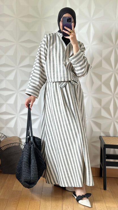 Ensemble jupe évasée et top à rayures en lin - Gris