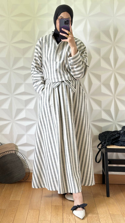 Ensemble jupe évasée et top à rayures en lin - Gris