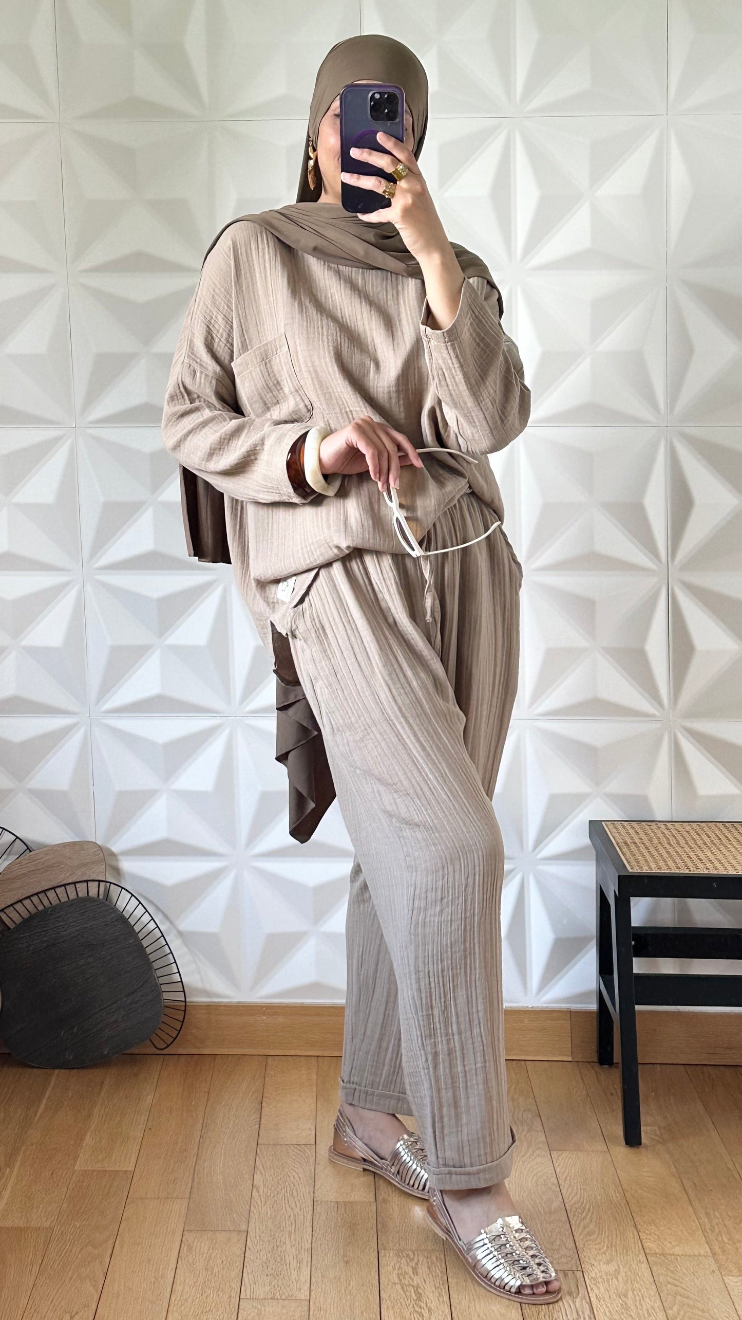 Ensemble pantalon et tunique oversize en gaze - Taupe