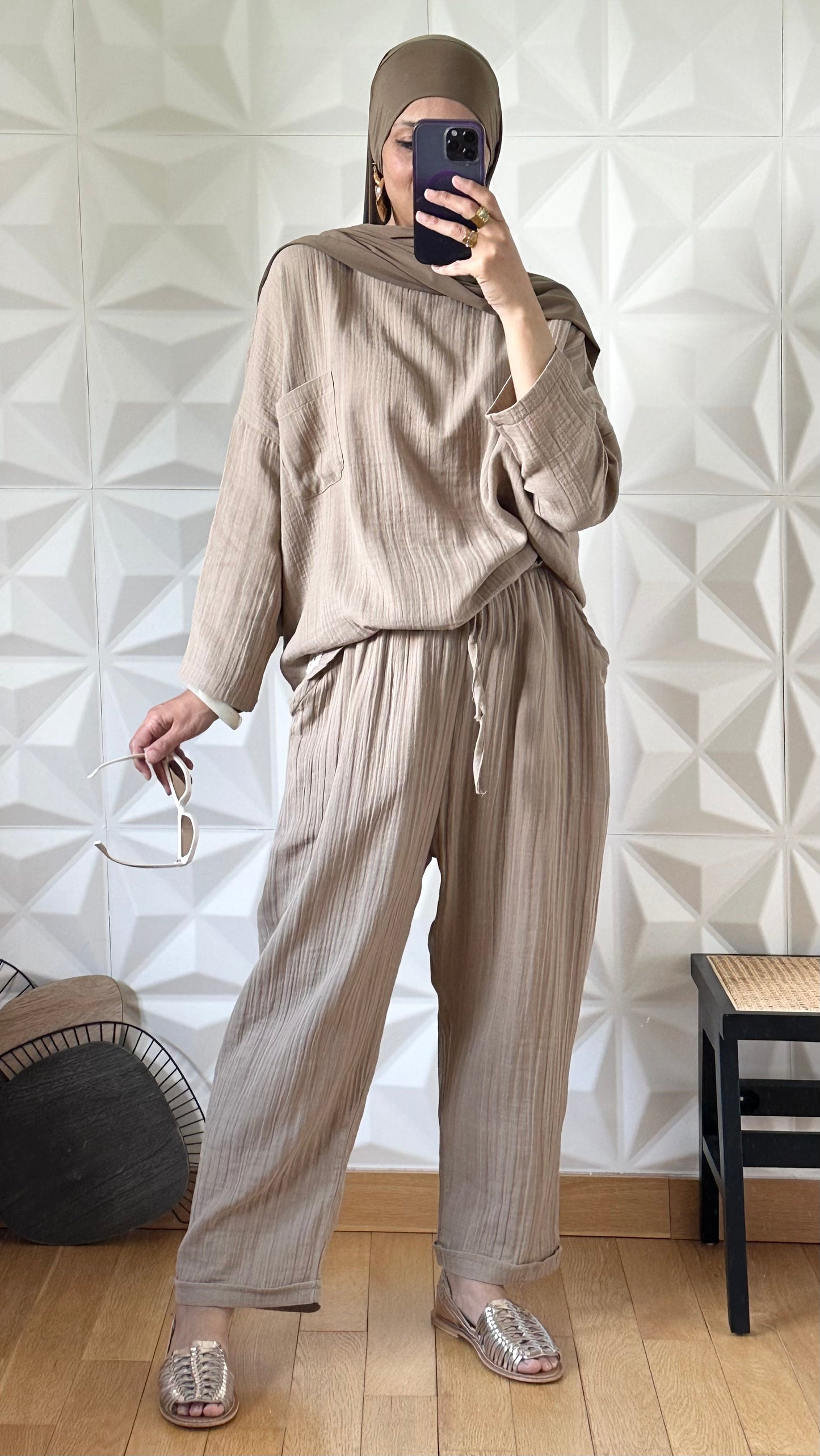 Ensemble pantalon et tunique oversize en gaze - Taupe