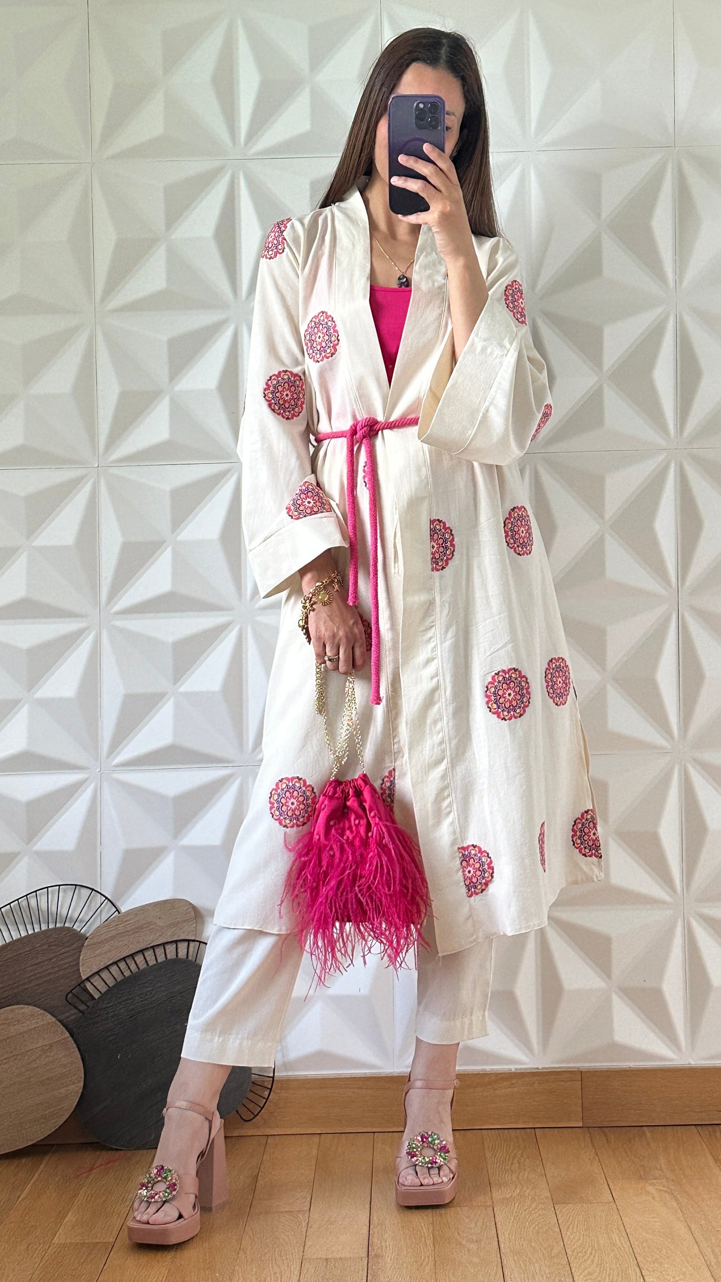 Flared Sleeve Embroidered Kimono Set