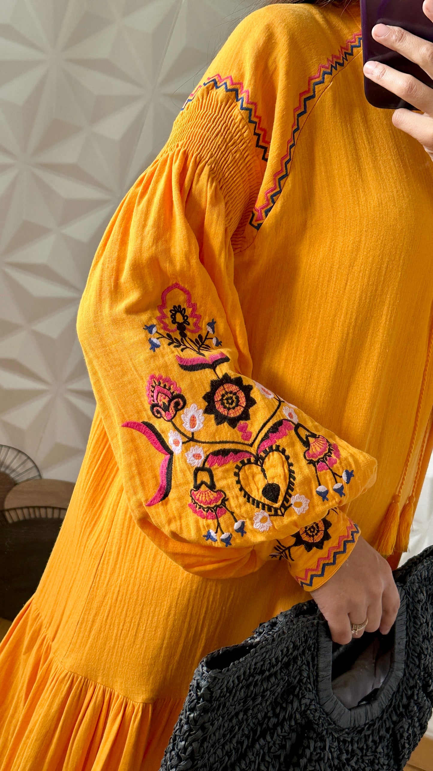 Robe babydoll à manches froncées avec broderies - Orange