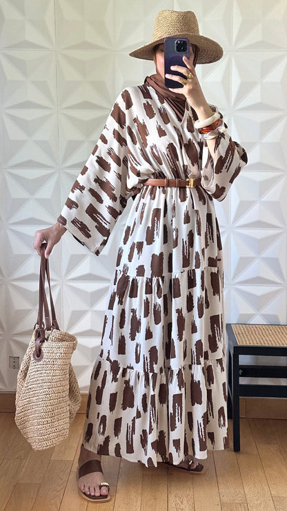 Robe cache-cœur à manches kimono - Marron