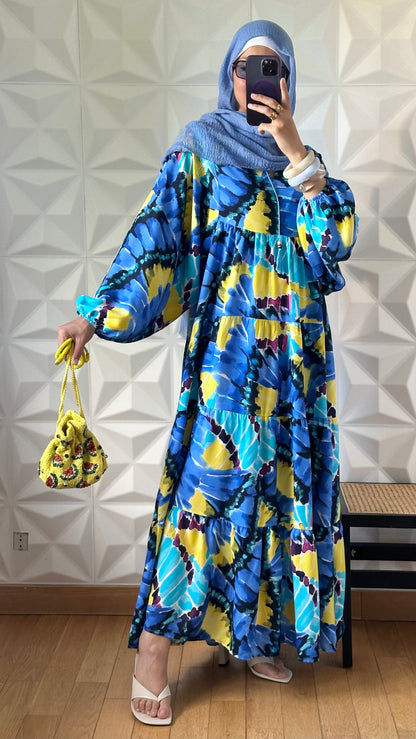Robe babydoll à motif abstrait avec manches bouffantes - Bleu et Jaune