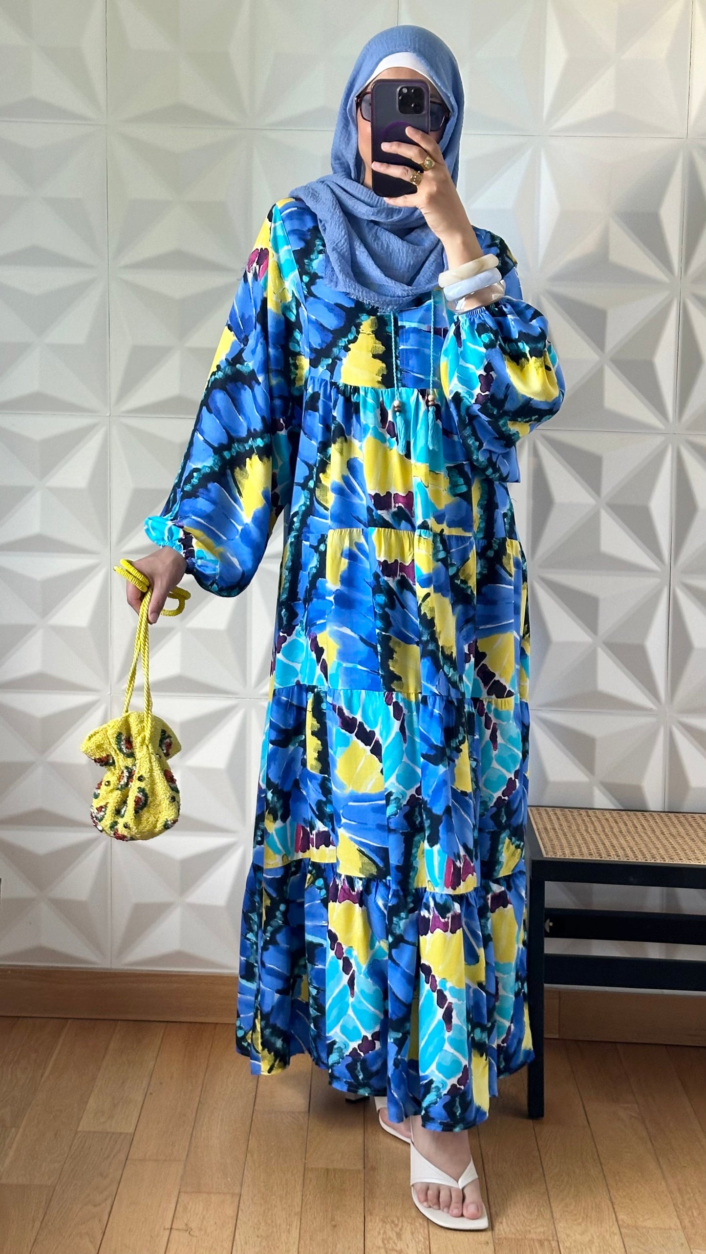 Robe babydoll à motif abstrait avec manches bouffantes - Bleu et Jaune