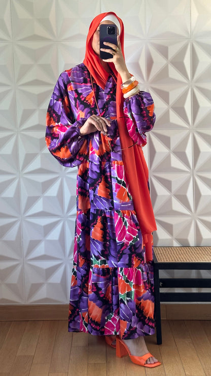 Robe babydoll à motif abstrait avec manches bouffantes - Orange et Violet