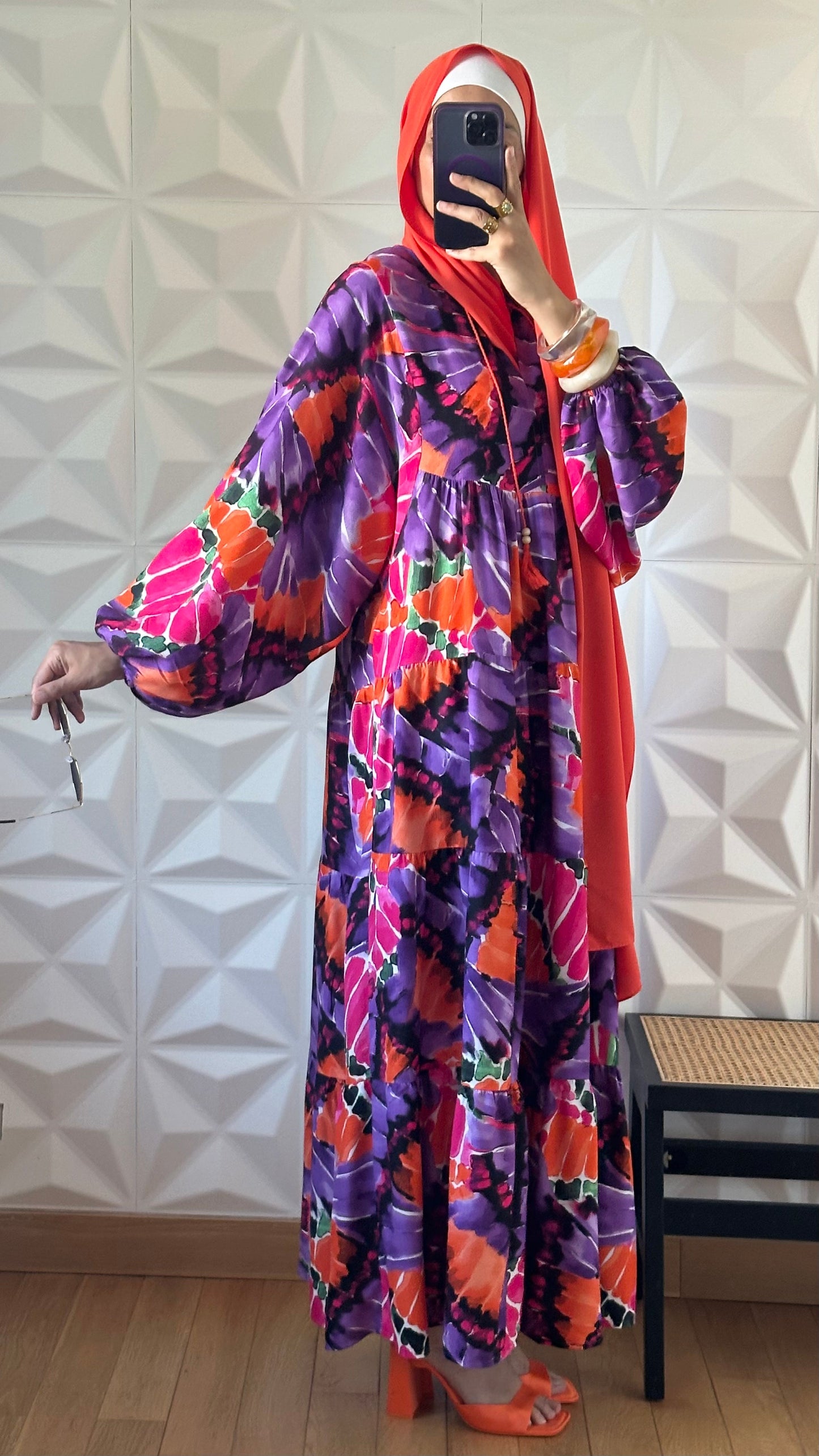 Robe babydoll à motif abstrait avec manches bouffantes - Orange et Violet