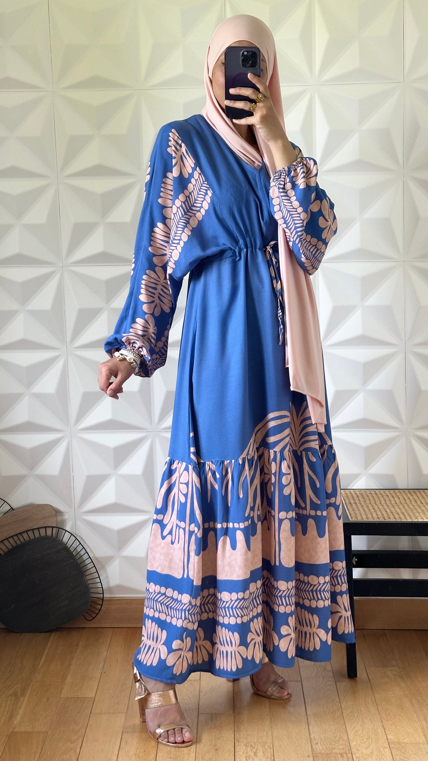 Robe oversize motif olivier en viscose avec taille froncée - Bleu cendré