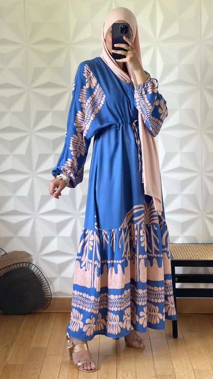 Robe oversize motif olivier en viscose avec taille froncée - Bleu cendré