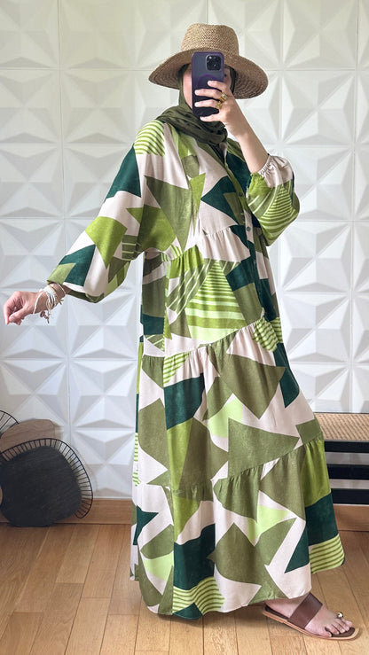 Robe Boutonnée à Manches Ballon et Imprimé Géométrique - Kaki