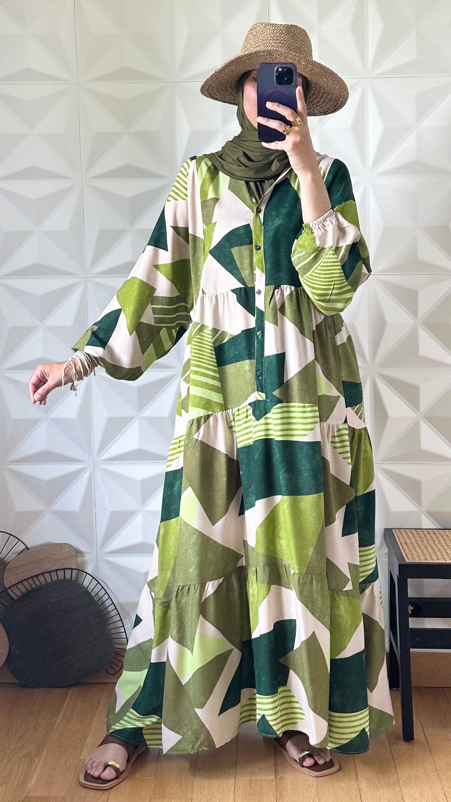 Robe Boutonnée à Manches Ballon et Imprimé Géométrique - Kaki