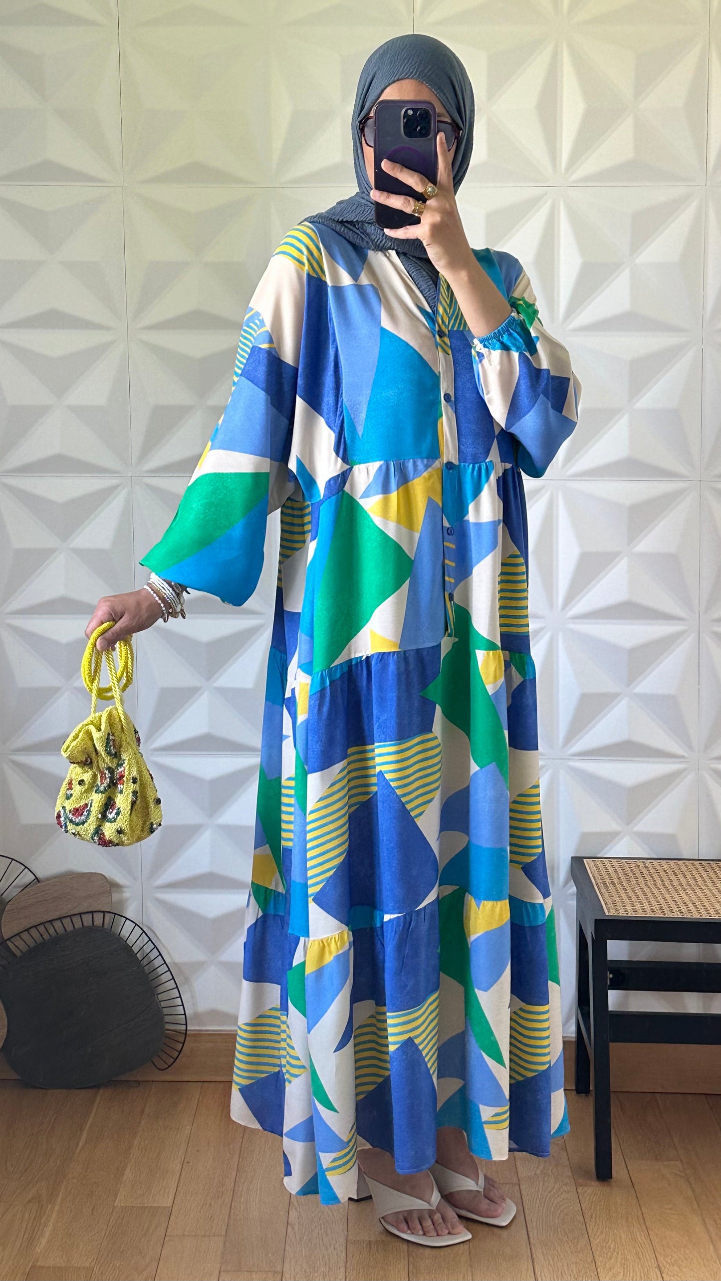 Robe Boutonnée à Manches Ballon et Imprimé Géométrique - Bleu