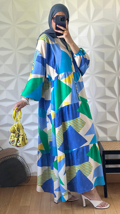 Robe Boutonnée à Manches Ballon et Imprimé Géométrique - Bleu