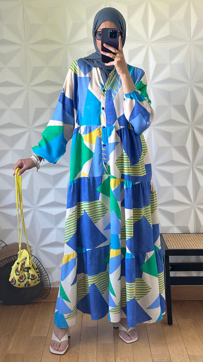 Robe Boutonnée à Manches Ballon et Imprimé Géométrique - Bleu