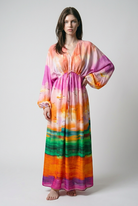 Robe oversize imprimé tie-dye en viscose avec taille froncée - Rose