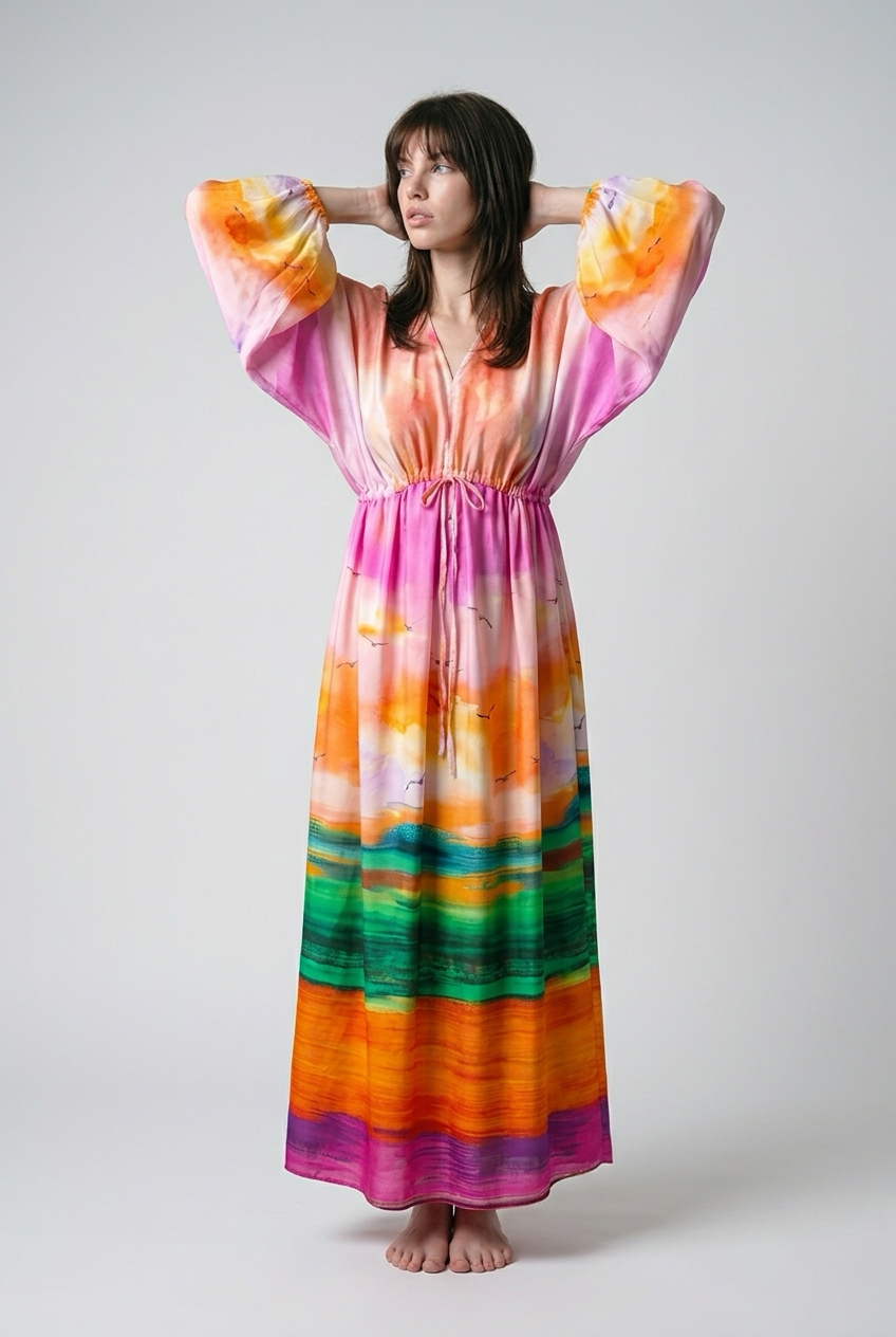 Robe oversize imprimé tie-dye en viscose avec taille froncée - Rose